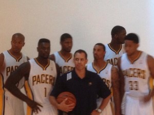 Pacers move into position for a team picture.  That six players joined coach Frank Vogel revealed nothing about who Vogel plans to start.