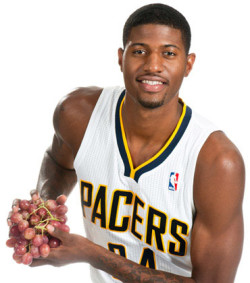 Paul George is making baskets like flinging grapes into a bucket.